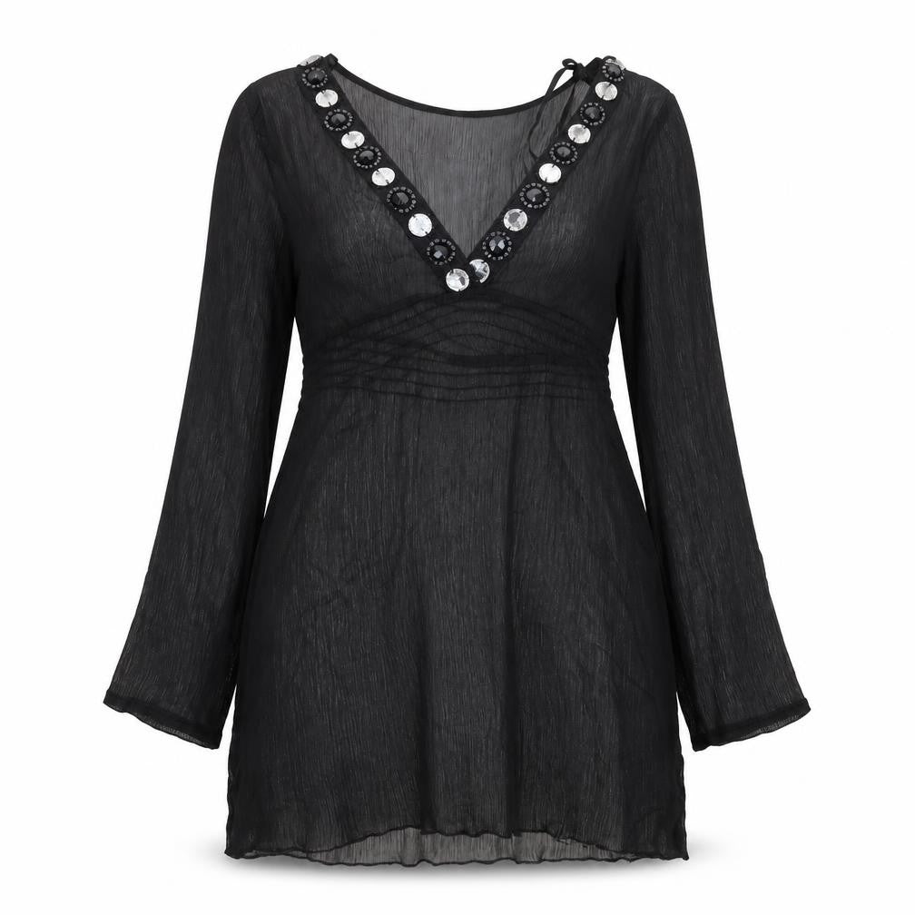 Ocean Club Womens Black Polyester Tunic Blouse Size 8 V-Neck - Embellished Neckline