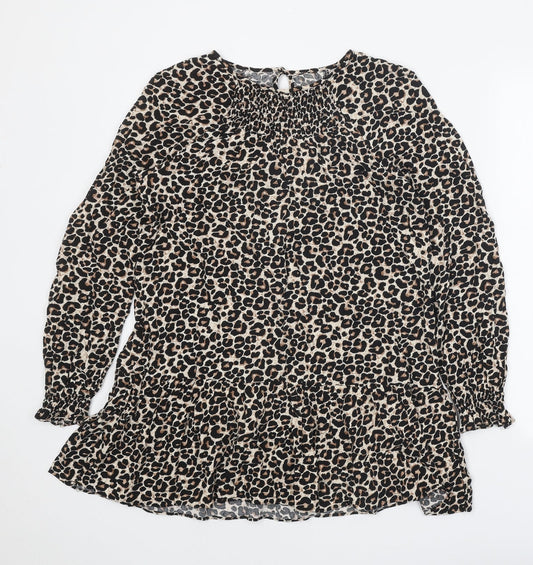 Preworn Womens Brown Animal Print Polyester Shirt Dress One Size Round Neck Button - Leopard print