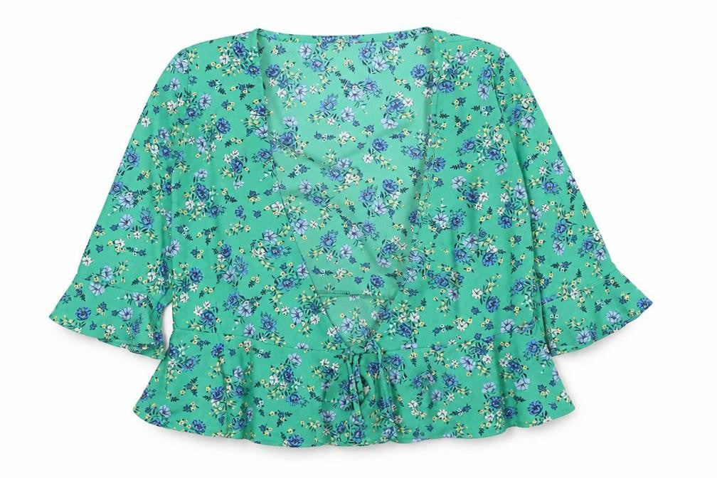 Divided Womens Green Floral Polyester Basic Blouse Size 8 V-Neck