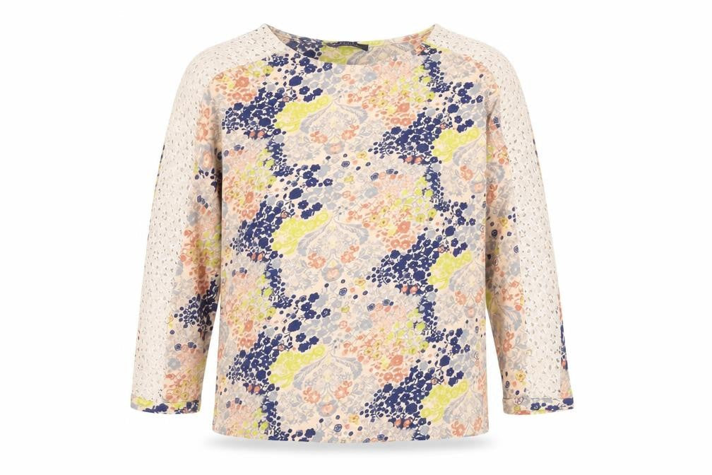Marks & Spencer Womens Multicoloured Floral Cotton Basic Blouse Size 14 Boat Neck - Lace Sleeve Detail