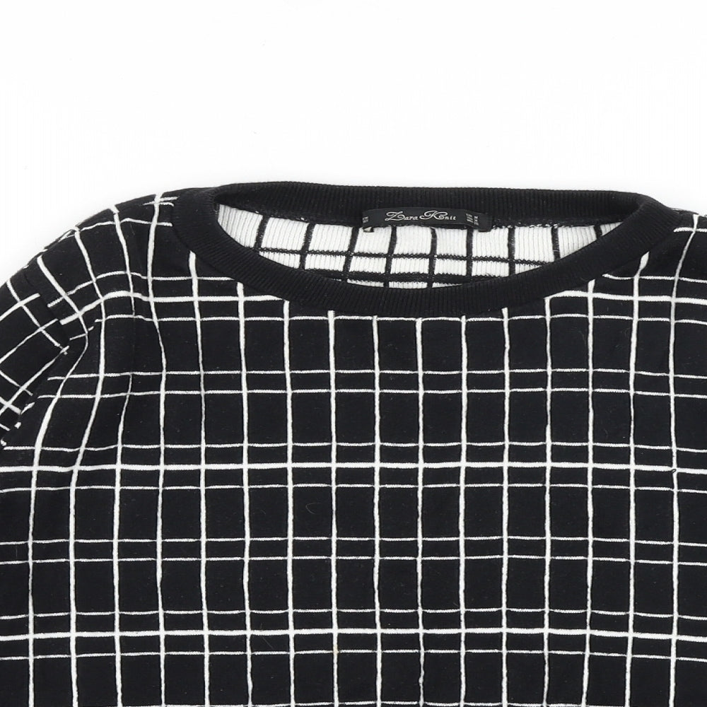 Zara Womens Black Round Neck Check Cotton Pullover Jumper Size M
