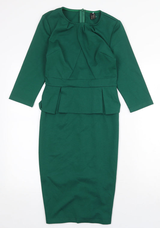 Preworn Womens Green Cotton Sheath Size XS Round Neck Zip - Peplum