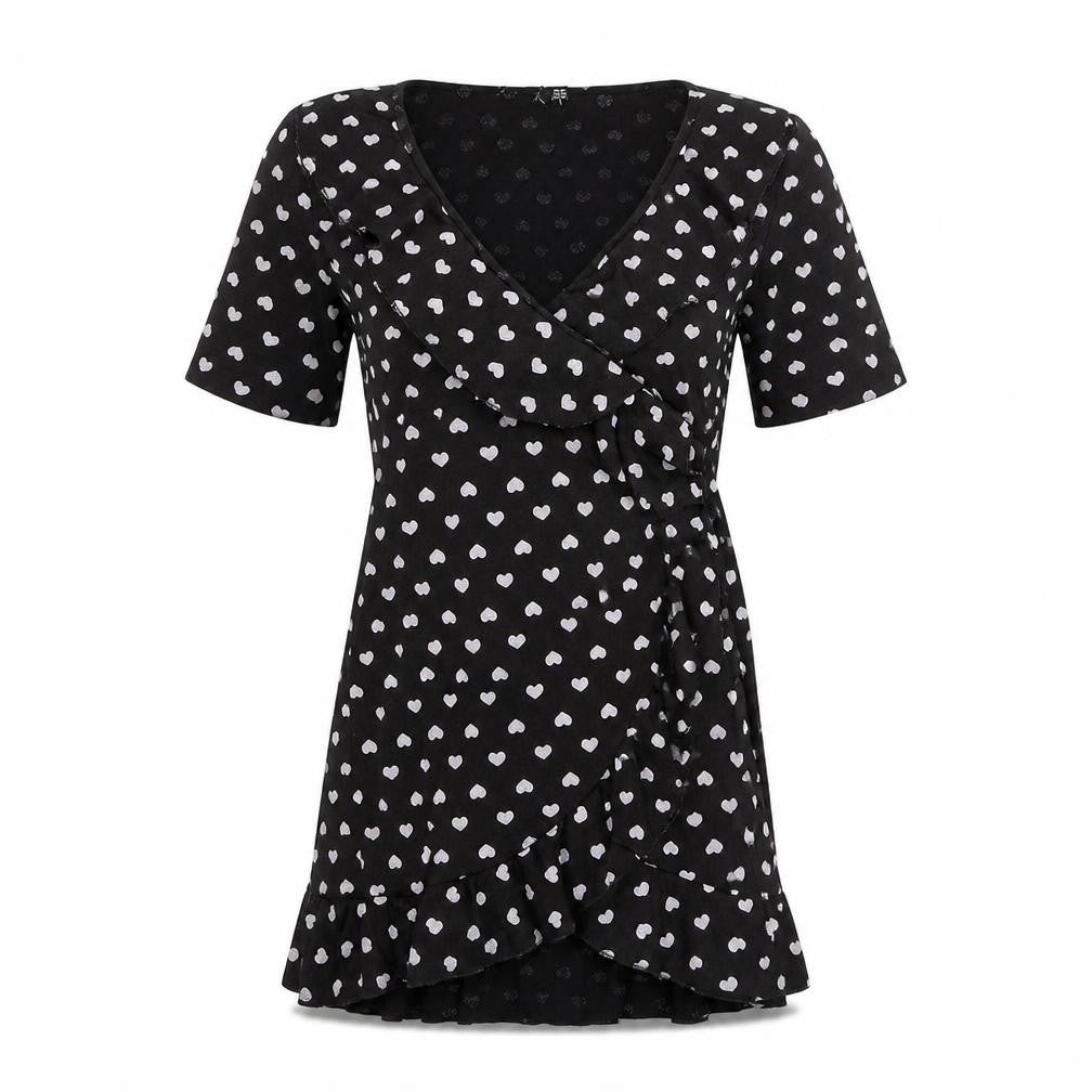 Preworn Womens Black Geometric Polyester Wrap Dress Size 10 V-Neck Pullover - Heart Pattern