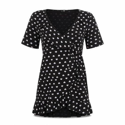 Womens Black Geometric Polyester Wrap Dress Size 10 V-Neck Pullover - Heart Pattern
