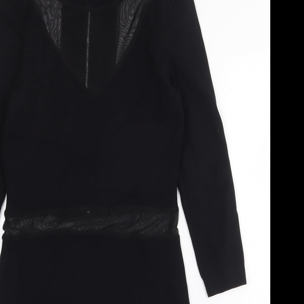 ASOS Womens Black Nylon Bodycon Size 10 Boat Neck Zip - Mesh Panels