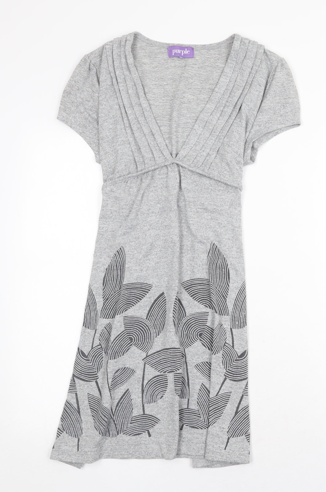 Purple Womens Grey Floral Cotton Fit & Flare Size S V-Neck Tie