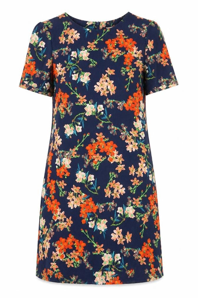 Yumi Womens Blue Floral Polyester A-Line Size 8 Round Neck Zip