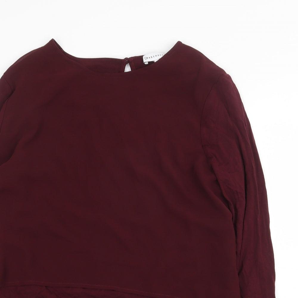 Warehouse Womens Red Viscose Basic Blouse Size 8 Boat Neck - Chiffon Overlay