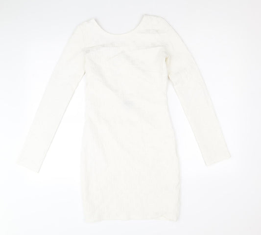 Topshop Womens White Geometric Polyester Mini Size 8 Scoop Neck Pullover