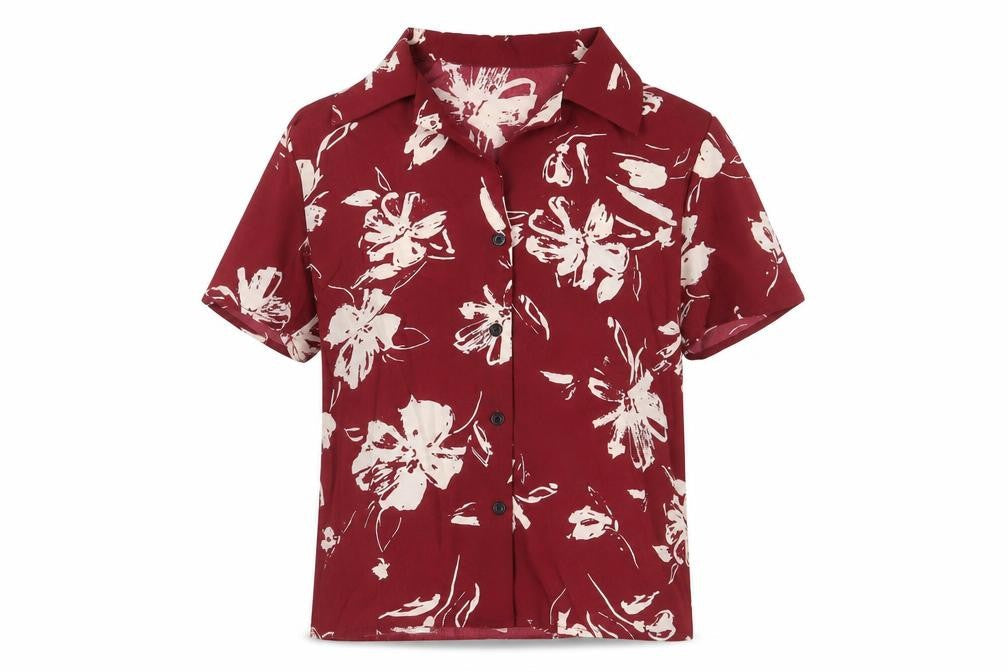 SheIn Womens Red Floral Polyester Basic Button-Up Size S Collared
