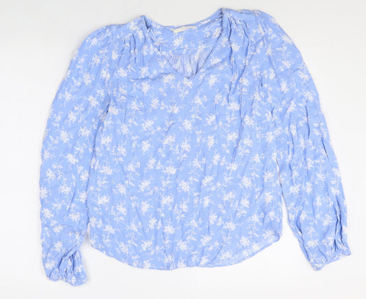 Pre Una Womens Blue Floral Viscose Basic Blouse Size 6 V-Neck