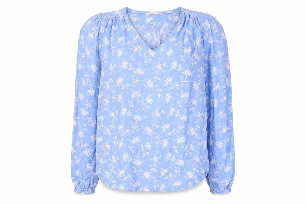 Pre Una Womens Blue Floral Viscose Basic Blouse Size 6 V-Neck