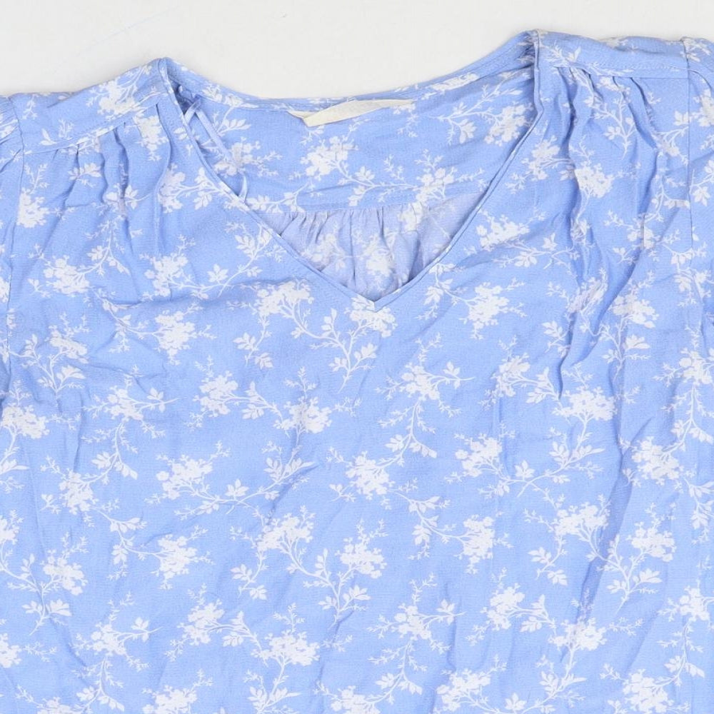 Pre Una Womens Blue Floral Viscose Basic Blouse Size 6 V-Neck