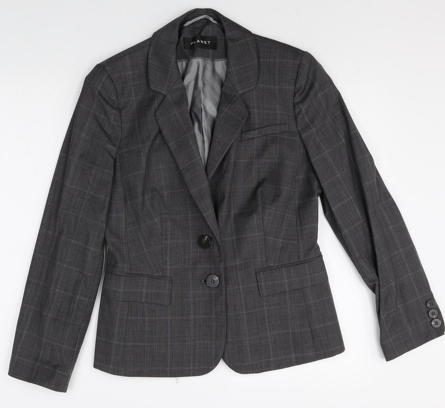Planet Womens Grey Plaid Wool Jacket Blazer Size 8