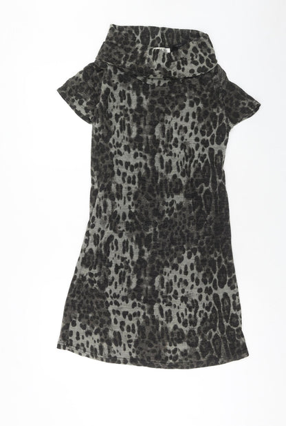 Palme Womens Grey Animal Print Acrylic A-Line Size M Roll Neck Pullover - Leopard Pattern