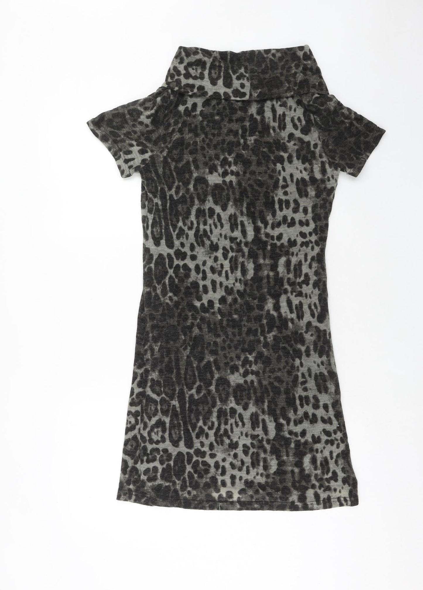 Palme Womens Grey Animal Print Acrylic A-Line Size M Roll Neck Pullover - Leopard Pattern
