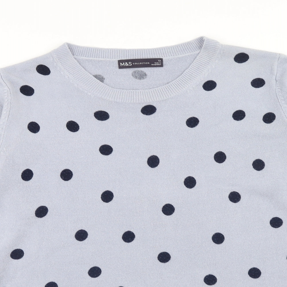 Marks and Spencer Womens Blue Round Neck Polka Dot Acrylic Pullover Jumper Size 12