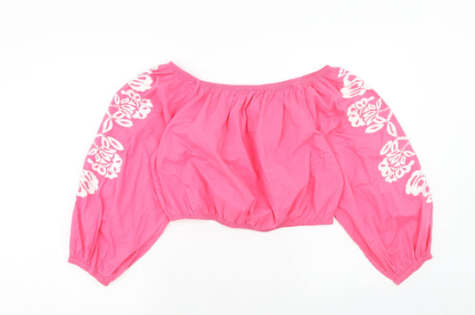 Marks and Spencer Womens Pink Cotton Cropped Blouse Size 18 Boat Neck - Flower Detail