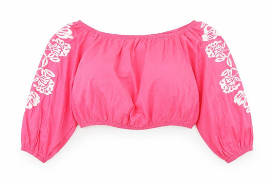 Marks and Spencer Womens Pink Cotton Cropped Blouse Size 18 Boat Neck - Flower Detail