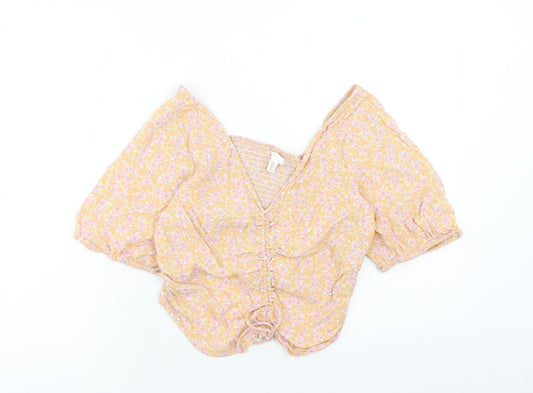 H&M Womens Orange Floral Viscose Cropped Blouse Size L V-Neck