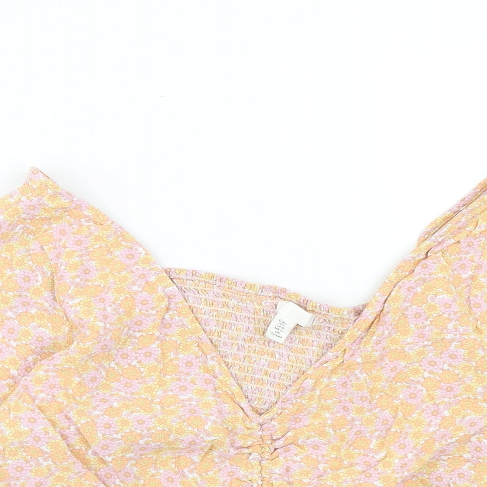 H&M Womens Orange Floral Viscose Cropped Blouse Size L V-Neck