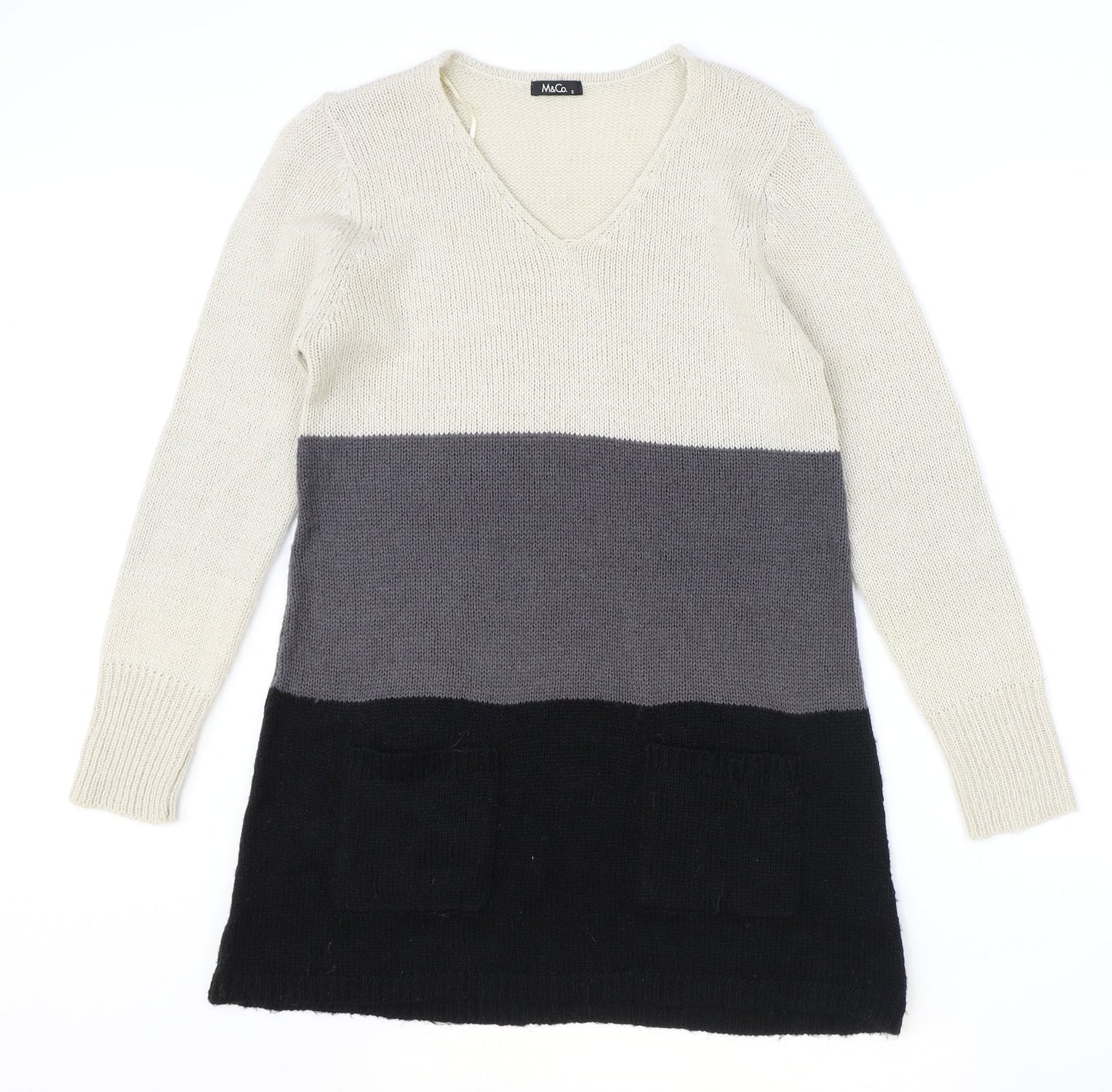 M&Co Womens Multicoloured V-Neck Acrylic Pullover Jumper Size S - Colourblock