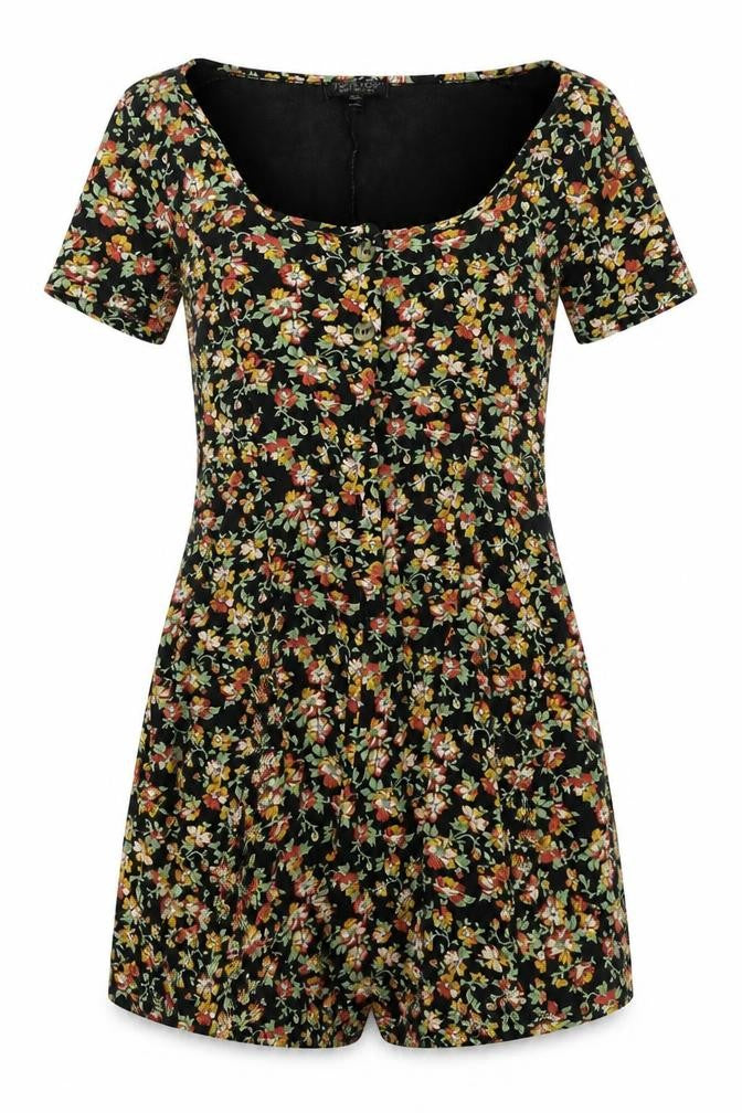 Topshop Womens Black Floral Polyester Playsuit One-Piece Size 6 Button