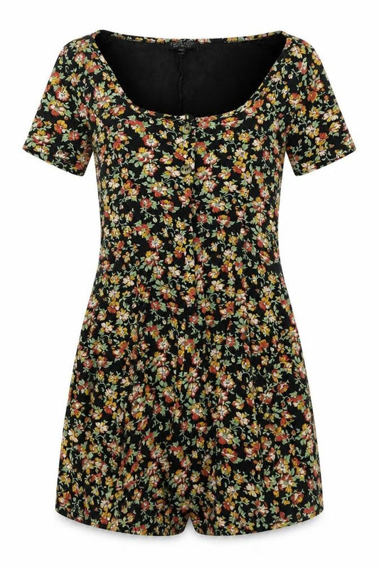 Topshop Womens Black Floral Polyester Playsuit One-Piece Size 6 Button