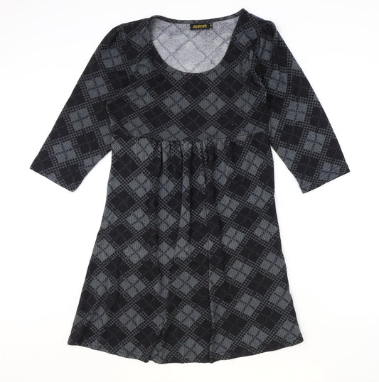 Reborn Womens Black Argyle/Diamond Polyester Fit & Flare Size M Round Neck Pullover