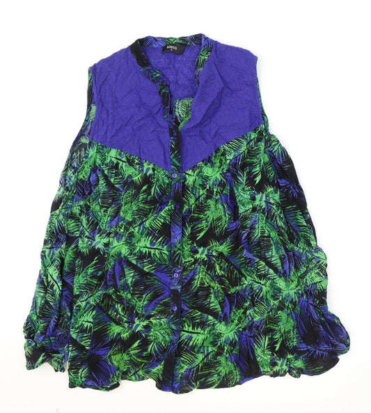 Klass Womens Blue Geometric Viscose Basic Blouse Size XS V-Neck - Palm Tree Print, Broderie Anglaise