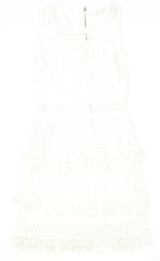 Preworn Womens Ivory Geometric Polyester A-Line Size M Scoop Neck Zip
