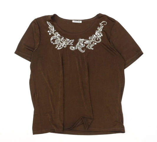 Damart Womens Brown Polyester Basic T-Shirt Size L Round Neck