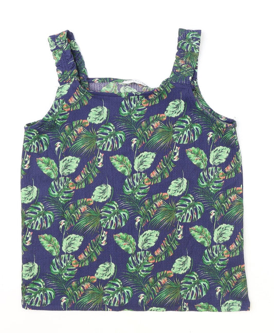 Papaya Womens Blue Geometric Polyester Basic Tank Size 8 Square Neck - Leaf Print