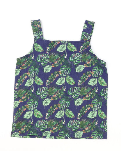 Papaya Womens Blue Geometric Polyester Basic Tank Size 8 Square Neck - Leaf Print