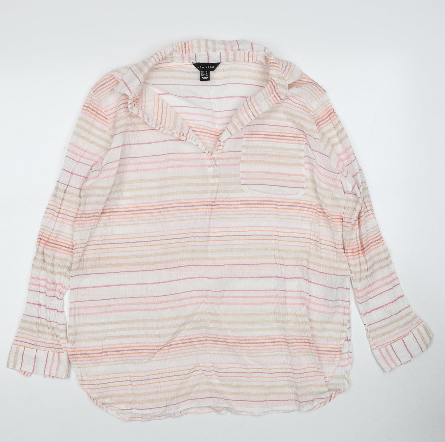 New Look Womens Multicoloured Striped Cotton Basic Blouse Size 10 Collared