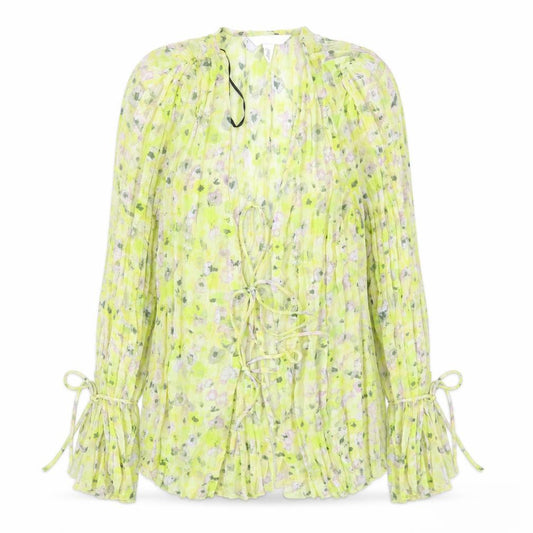 H&M Womens Yellow Floral Polyester Basic Blouse Size M V-Neck