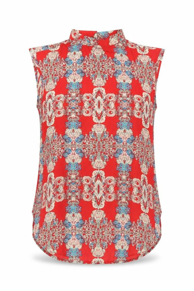 Pussycat London Womens Red Geometric Polyester Basic Tank Size M Round Neck