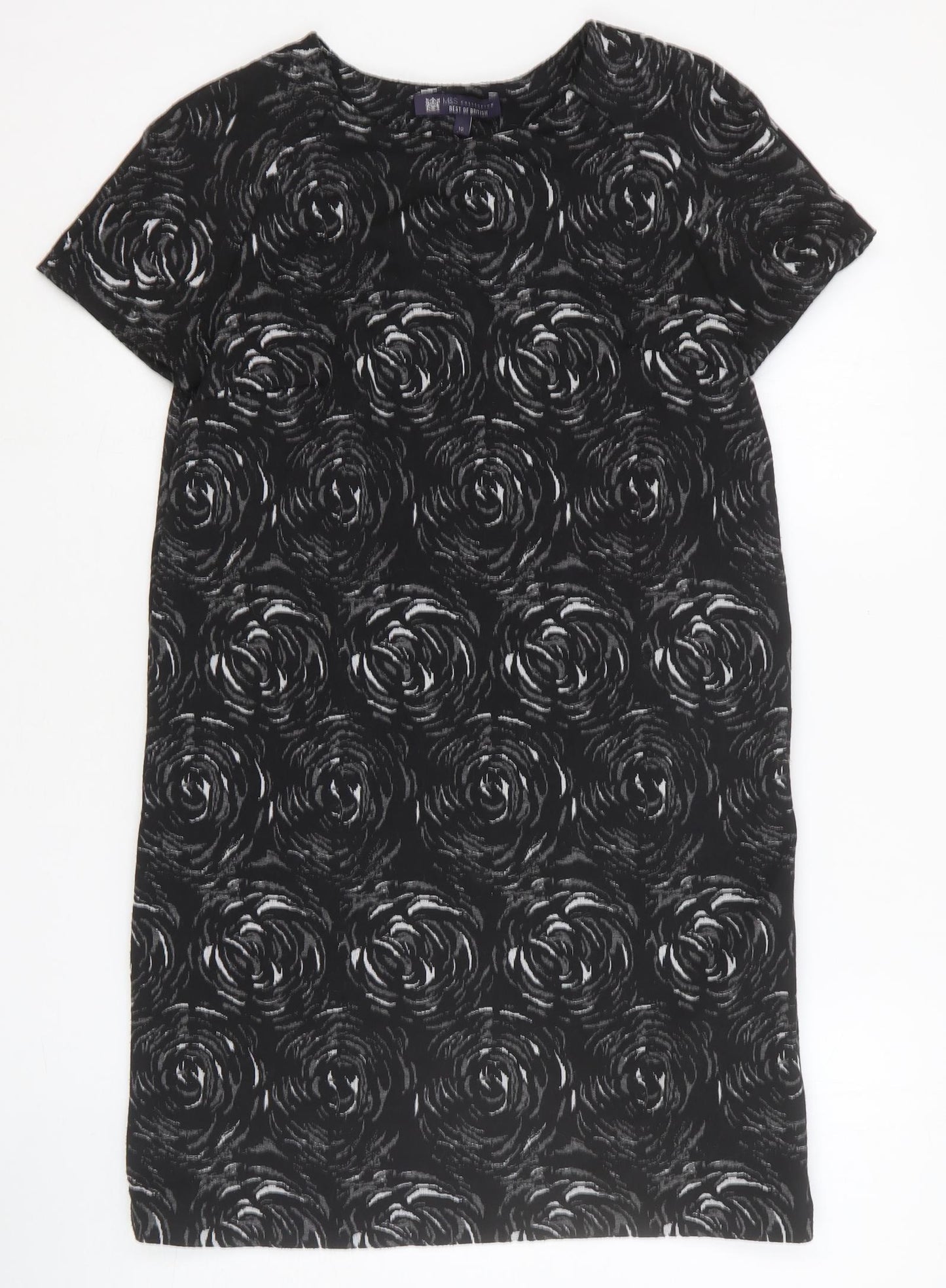 Marks and Spencer Womens Black Geometric Cotton Shift Size 10 Round Neck Pullover