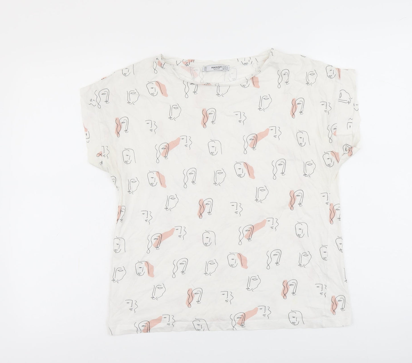 Mango Womens White Geometric Cotton Basic T-Shirt Size M Boat Neck