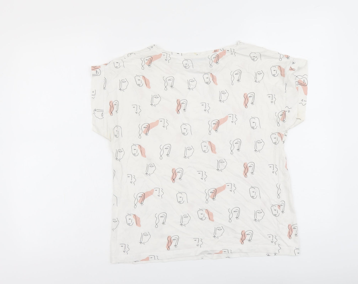 Mango Womens White Geometric Cotton Basic T-Shirt Size M Boat Neck