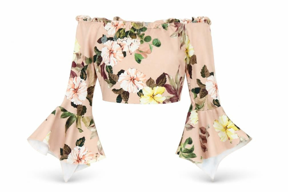Select Womens Pink Floral Polyester Cropped Blouse Size 10 Off the Shoulder