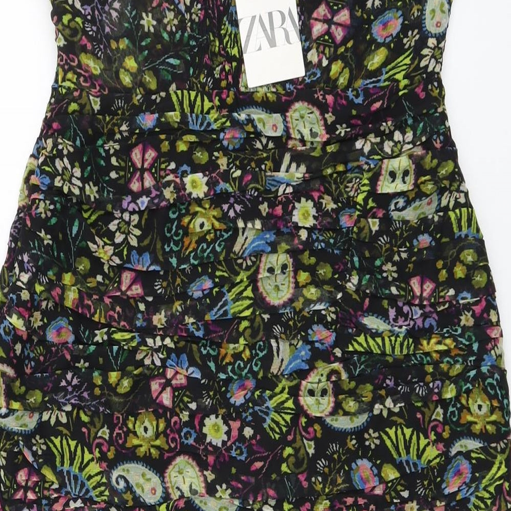 Zara Womens Black Floral Polyester Bodycon Size L Off the Shoulder Zip - Bandeau Top