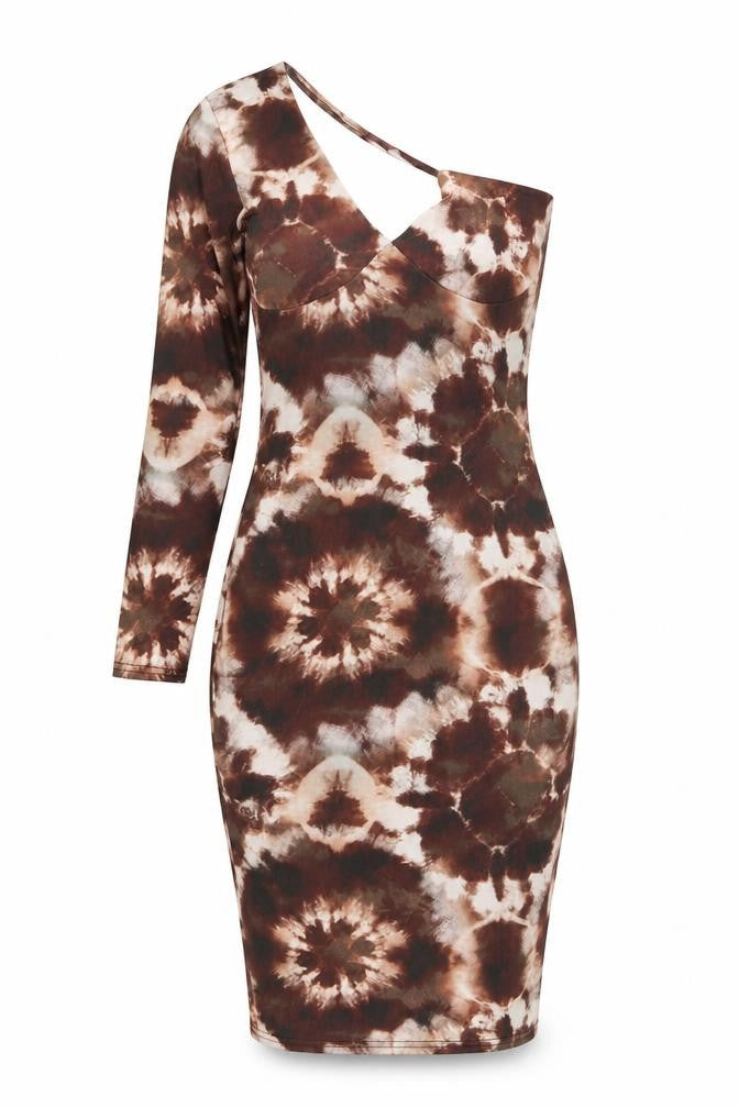 Boohoo Womens Brown Geometric Polyester Bodycon Size 10 One Shoulder Pullover - Tie Dye