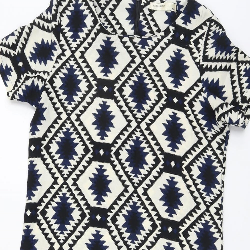 Vera & Lucy Womens Multicoloured Geometric Polyester Shift Size M Scoop Neck Zip