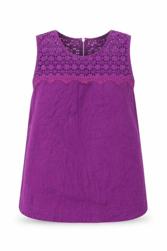 Marks and Spencer Womens Purple Linen Basic Blouse Size 8 Boat Neck - Crocheted Lace Detail