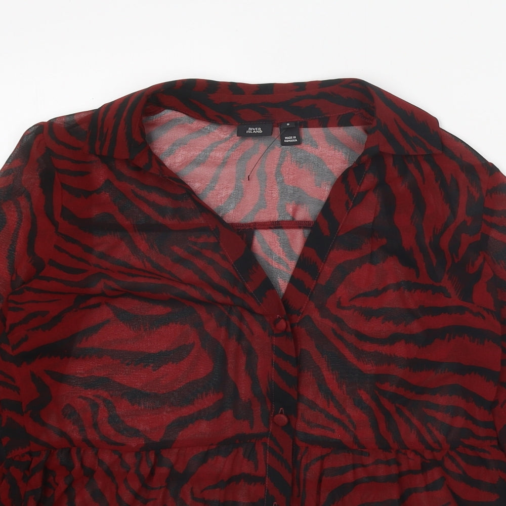River Island Womens Red Animal Print Polyester Basic Blouse Size 8 Collared - Tiger Print