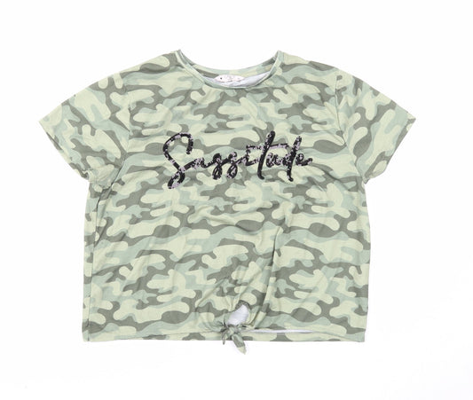 Candy Couture Womens Green Camouflage Polyester Basic T-Shirt Size 16 Round Neck - Tie Front