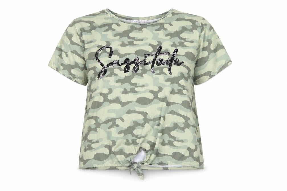 Candy Couture Womens Green Camouflage Polyester Basic T-Shirt Size 16 Round Neck - Tie Front