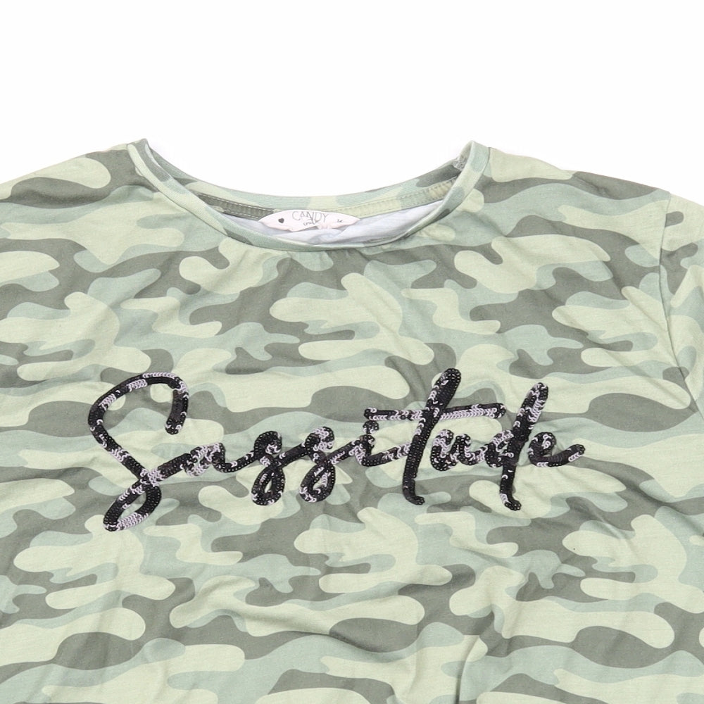 Candy Couture Womens Green Camouflage Polyester Basic T-Shirt Size 16 Round Neck - Tie Front