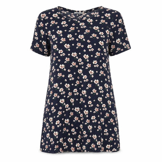 Glamarous Womens Blue Floral Polyester Tunic T-Shirt Size XS Round Neck